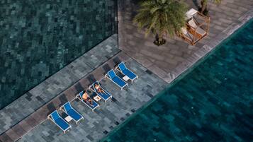 Vista aérea de una zona de piscina con sillones de descanso y una palmera.