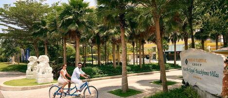 A sign for Royal Capital Group, Hainan Royal Beachfront Villas, with a paved pathway and palm trees.
