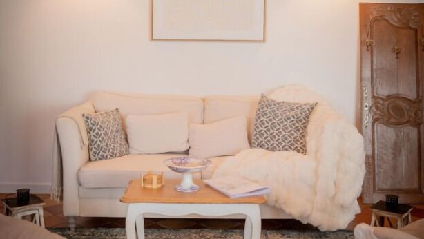 A cozy living room with a white sofa, a patterned rug, and a wooden ceiling. - Les Gîtes Romeline (Sartilly-Baie-Bocage)