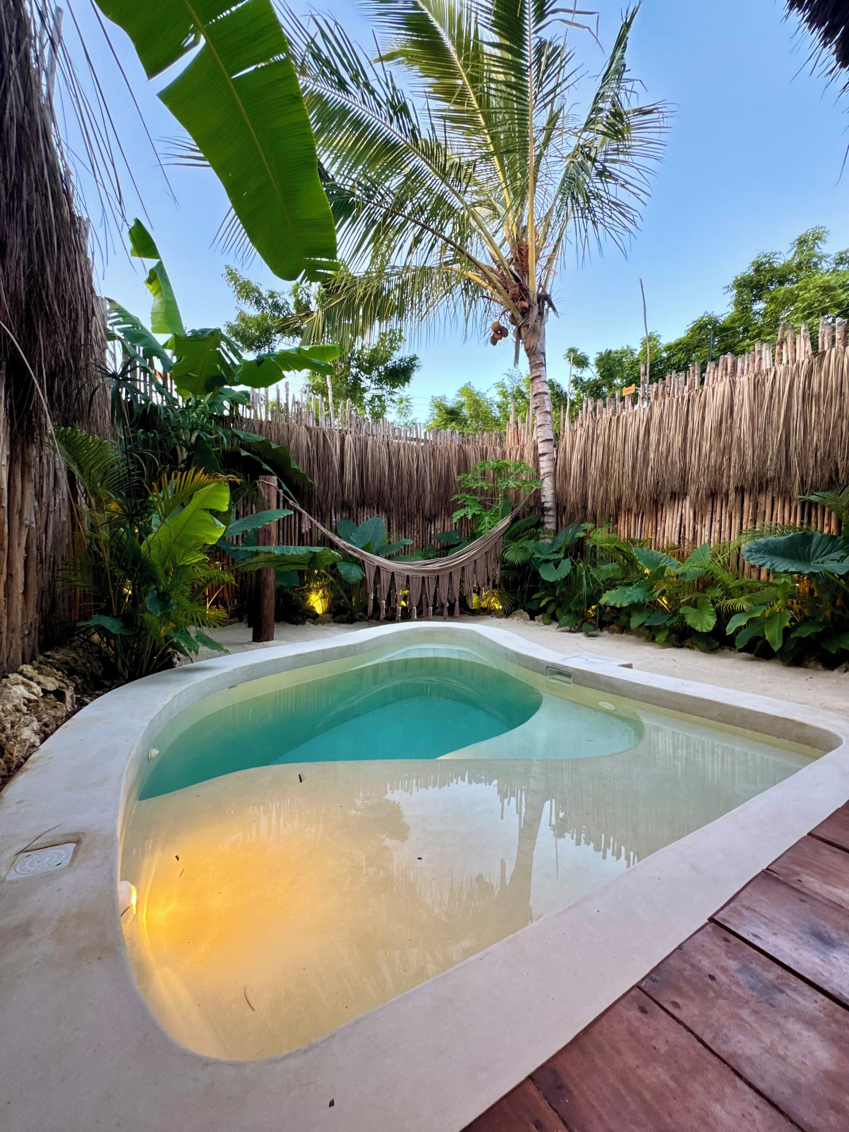 A swimming pool surrounded by lush greenery and a wooden deck.