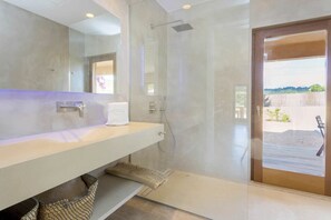 Shower, hair dryer, towels