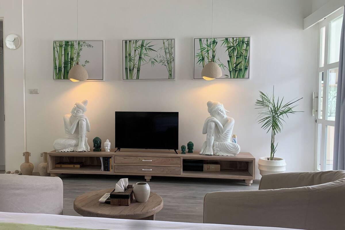 Een woonkamer met een flatscreen televisie, twee witte Boeddhabeelden, drie wanddecoraties met bamboethema, een potplant en een houten salontafel.