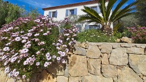 A stone wall with flowering plants in front of a white building with a red-tiled roof. - Peaceful farmhouse surrounded by olive trees.  Only 15 minutes from beaches and mountains (Opio)