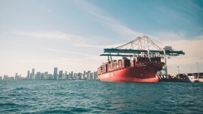 Docked at the bustling port, this cargo ship offers a glimpse into the city's industrial heart.