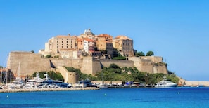 Un pueblo costero con edificios históricos, una muralla fortificada y un puerto deportivo con barcos.