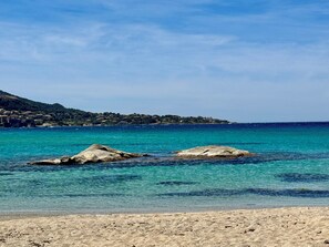 On the beach, sun loungers