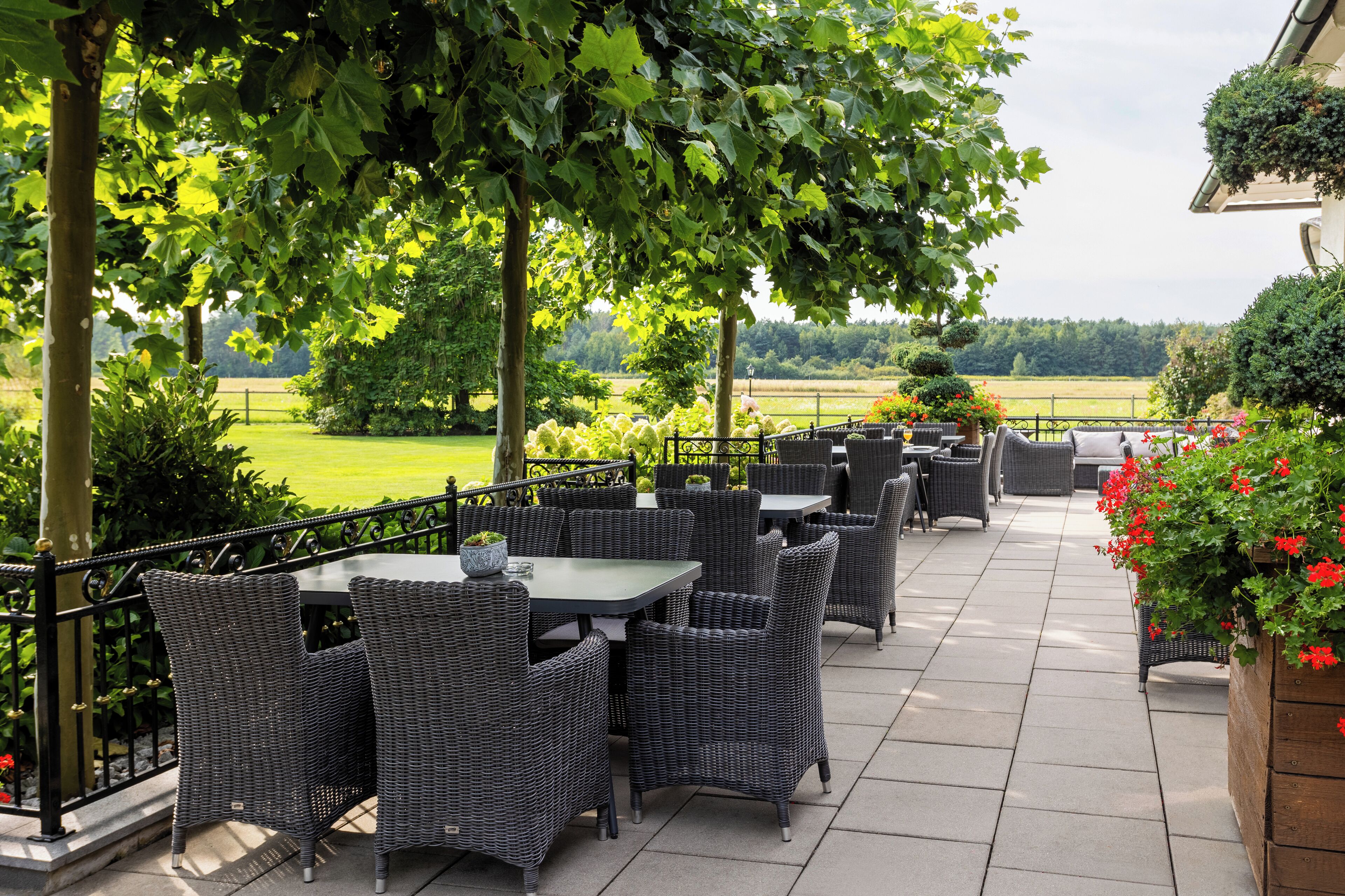 Un patio al aire libre con mobiliario de mimbre y vistas a un campo verde.