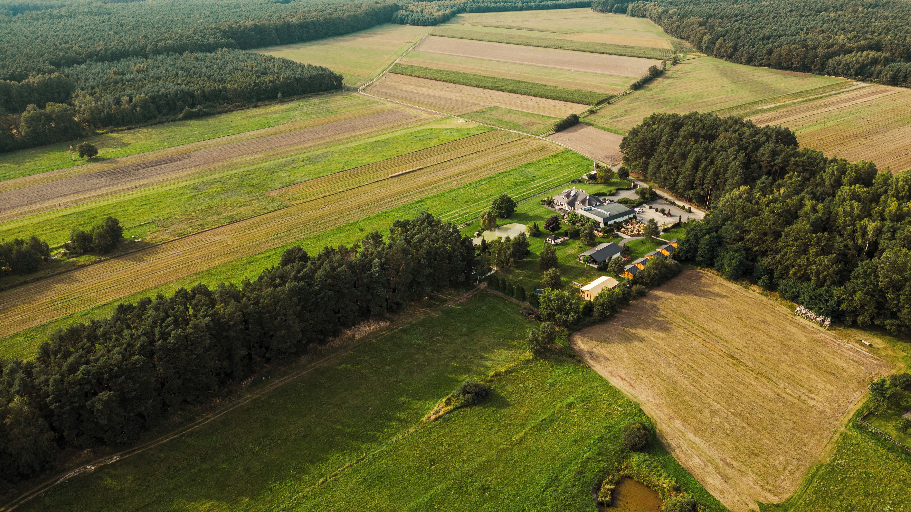 An aerial view of a rural property with fields, a small pond, and a cluster of buildings with a large house and smaller structures.