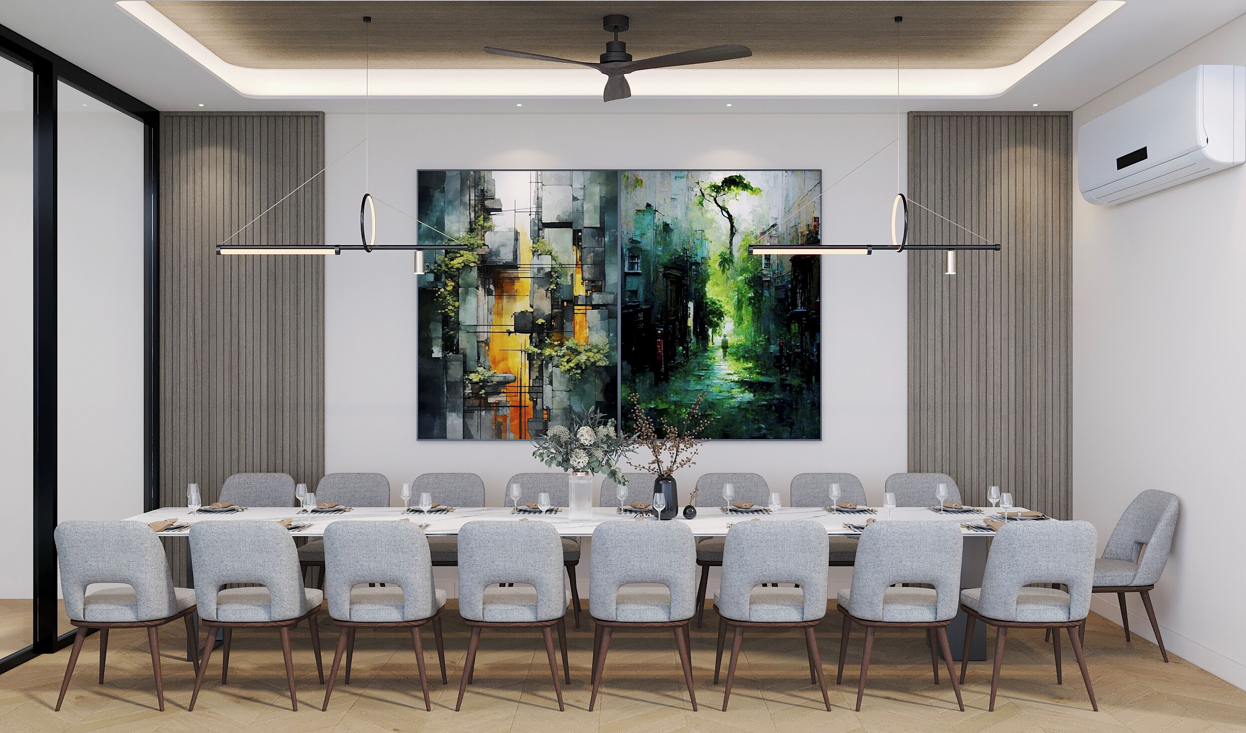 A modern dining area with a long table set for a meal, surrounded by grey upholstered chairs.