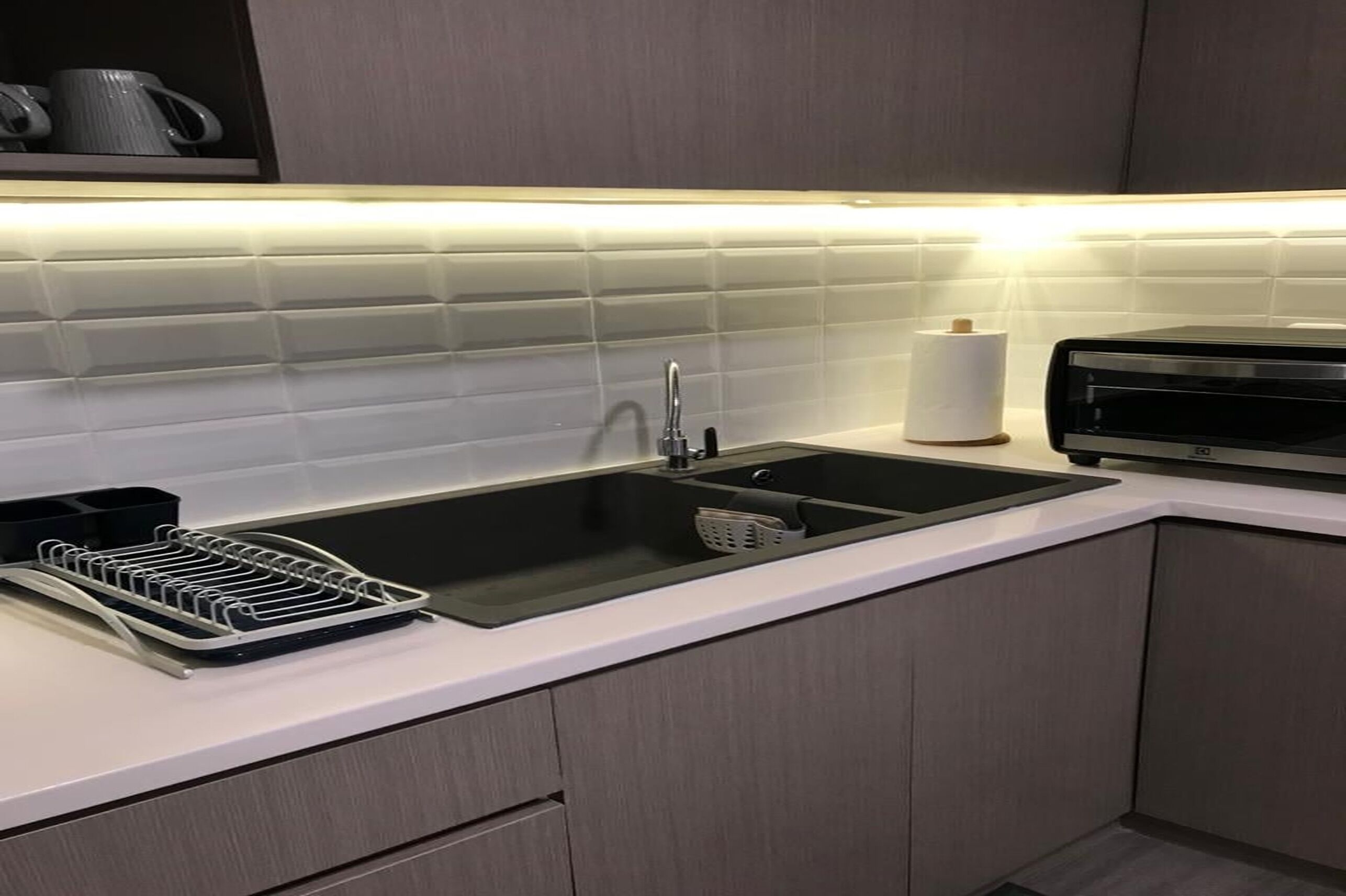 A modern kitchen with a double sink, a dish rack, a toaster, and a roll of paper towels on the counter.