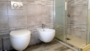 Shower, hair dryer, bidet, towels