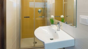 Shower, hair dryer, bidet, towels