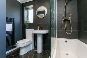 Hair dryer, towels, soap, toilet paper