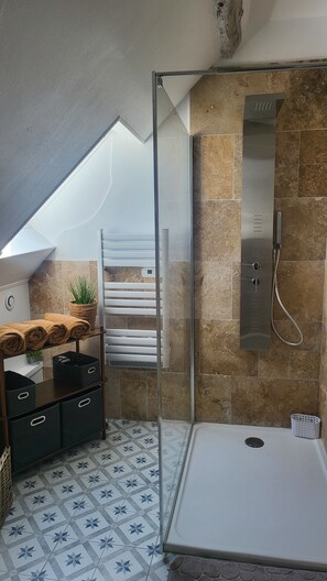 Shower, hair dryer, towels, soap