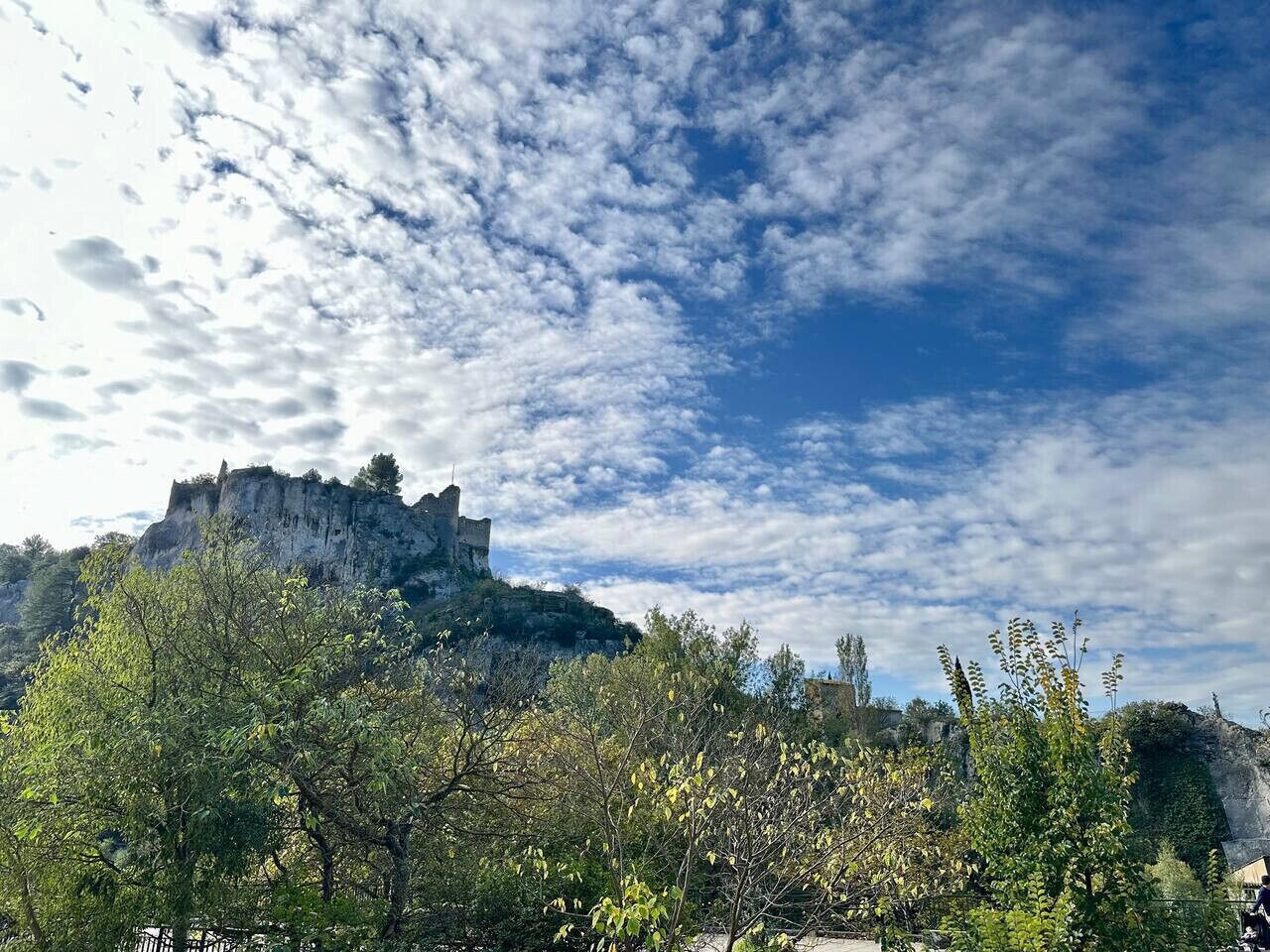 A castle on a hill with trees in the foreground.