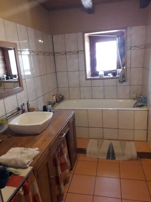 Hair dryer, towels, soap