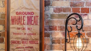 Une affiche ancienne encadrée faisant la publicité de viande de baleine, une plante en pot et un appliques murales de style ancien.