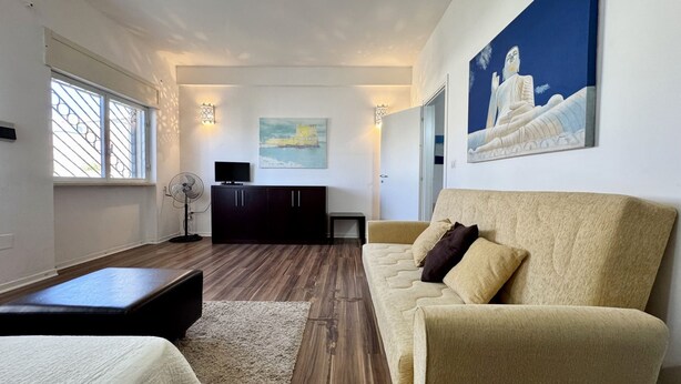 A modern living room with a sofa, a coffee table, a TV, and artwork on the walls. - Villetta Certosina 2 (Racale)