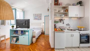 A compact living space with a kitchenette, a bed, a television, and a dining area.