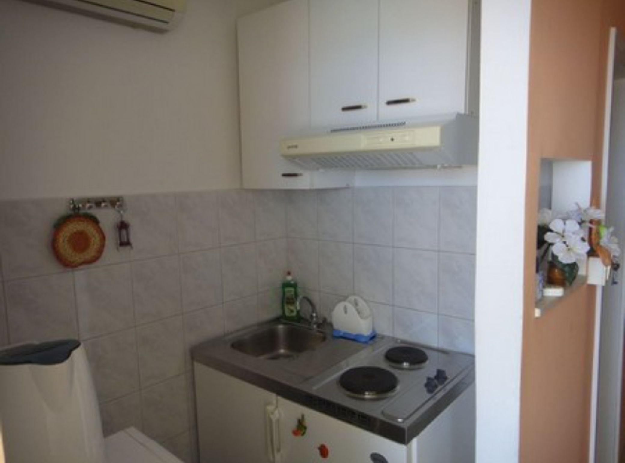 Une cuisine compacte équipée d’un évier, de deux plaques de cuisson et d’un meuble blanc placé au-dessus.