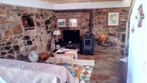Una camera accogliente con parete in pietra, camino, televisore e un letto.