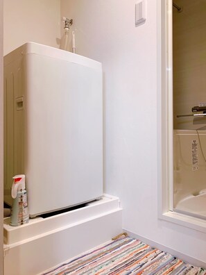 Hair dryer, towels, soap, toilet paper