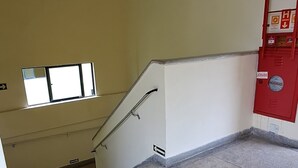 Eine Treppe mit Handlauf, einem Fenster und einem roten Feuerlöscher.