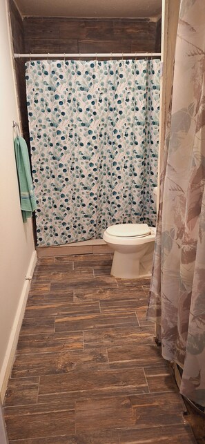 Shower, towels, soap, toilet paper