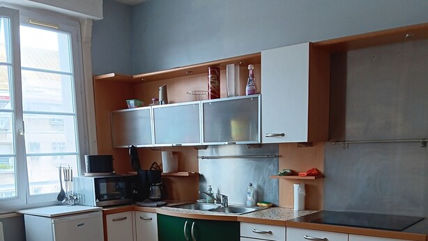 Una cocina compacta con refrigerador, microondas, pileta y alacenas.