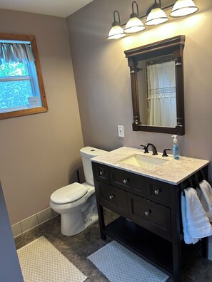 Chuveiro, secador de cabelo, toalhas de banho, sabonete