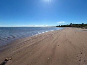A beach with a clear sky and calm water.