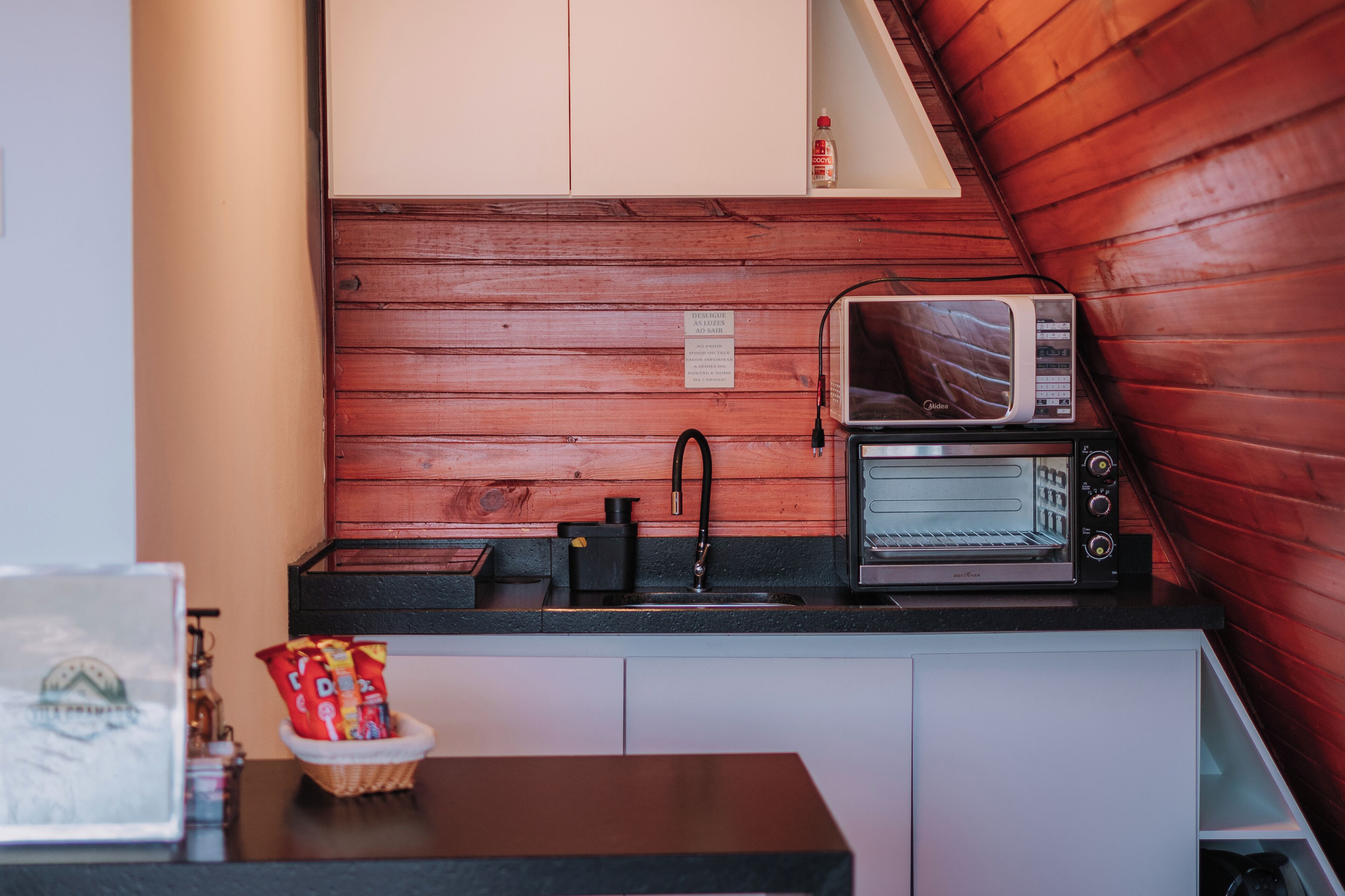 A compact kitchenette with a microwave, a sink, and a wooden wall.