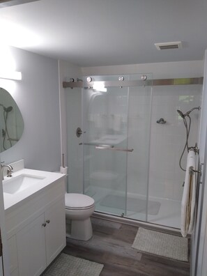 Shower, hair dryer, towels, soap