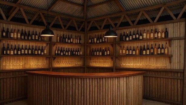 A bar area with wooden shelves stocked with bottles, a central bar counter, and hanging pendant lights. - Crown View Hotel (Nungwi)