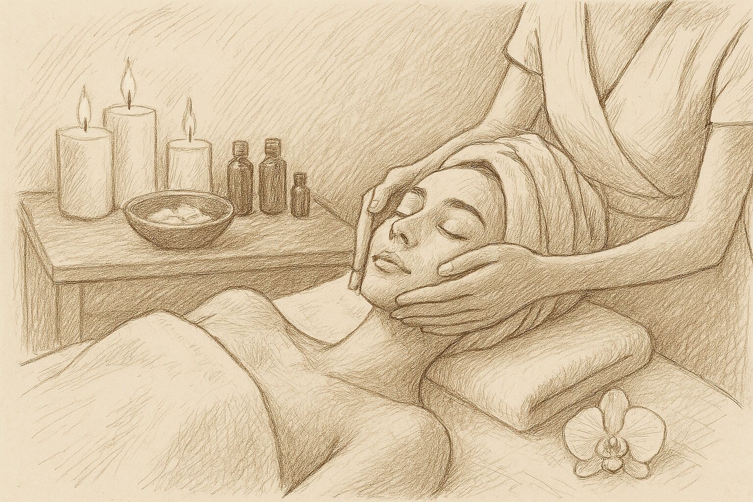Una persona recibiendo un tratamiento facial, con velas y botellas sobre una mesa.