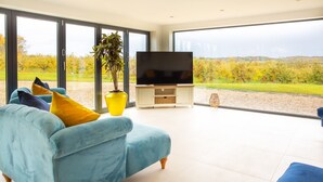 A modern living room with a blue sofa, yellow cushions, a large flat-screen TV, and a potted plant. - Beautiful Barn Conversion - Orchard Escape for 12 (Cropthorne)