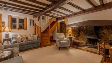 Smart TV, fireplace, books