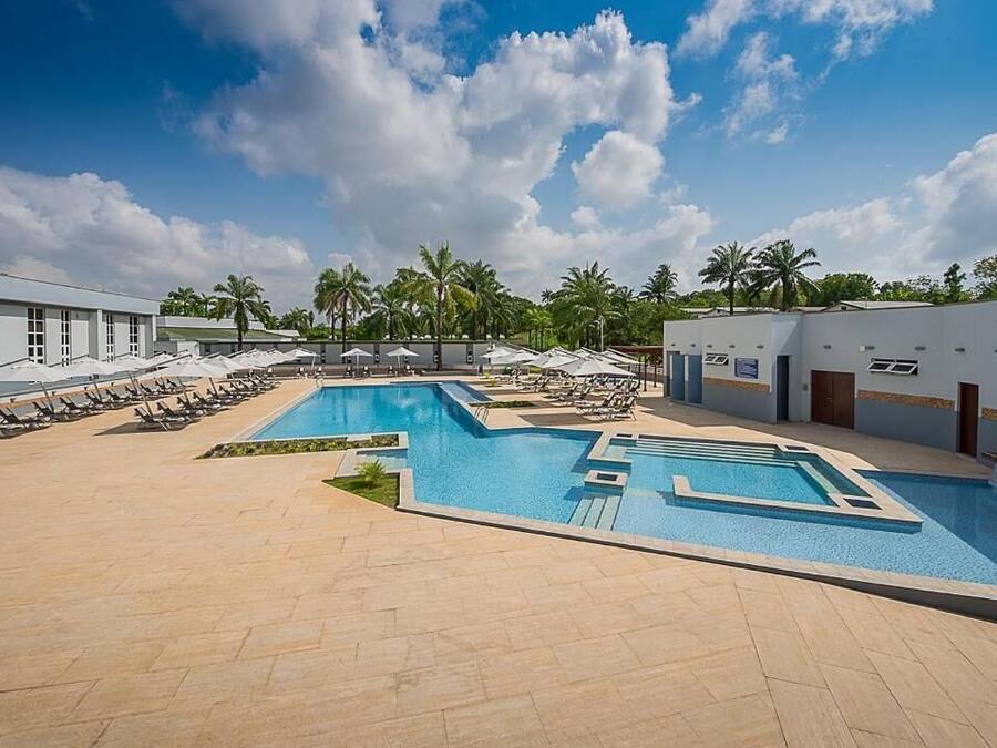 Zona de piscina amb diverses piscines, gandules i palmeres.