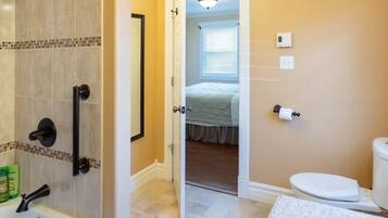 Hair dryer, towels, soap, toilet paper