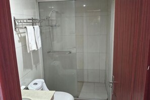 A bathroom with a glass-enclosed shower, a toilet, and a towel rack.