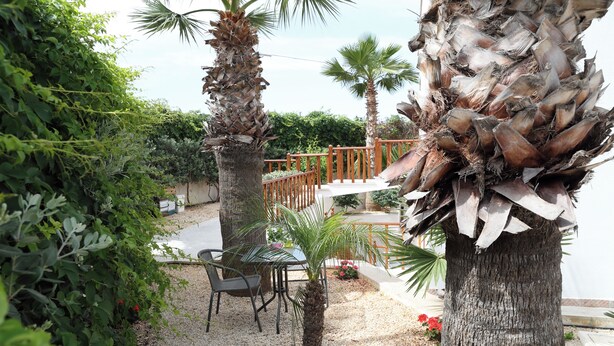 A patio area with a table and chairs, surrounded by palm trees and a wooden fence. - Villa Maria (San Vito Lo Capo)