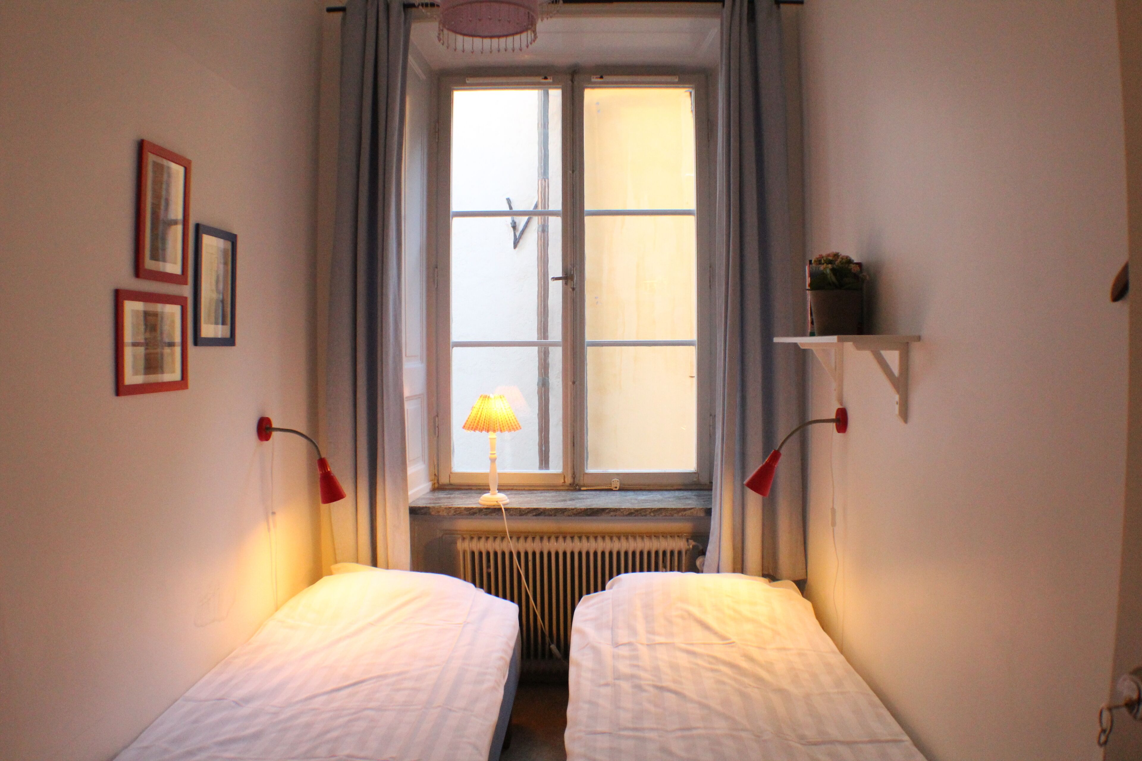Una habitación pequeña con dos camas individuales, una ventana con cortinas, un radiador y una estantería con una planta.