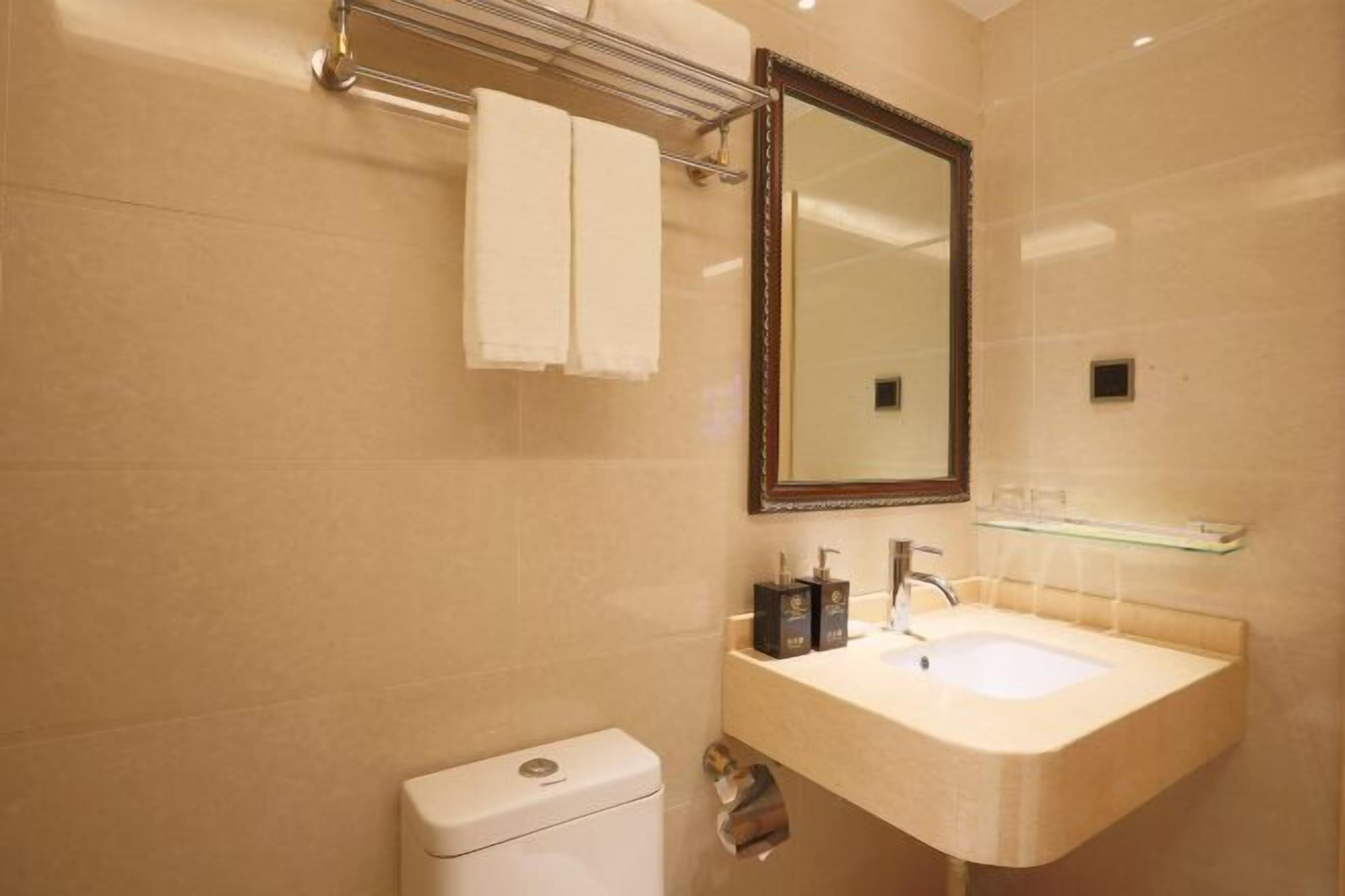 Un baño con inodoro, lavamanos, espejo y toallero.