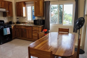 Fridge, microwave, stovetop, electric kettle