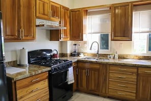 Fridge, microwave, stovetop, electric kettle