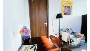 Memory foam beds, desk, laptop workspace, soundproofing