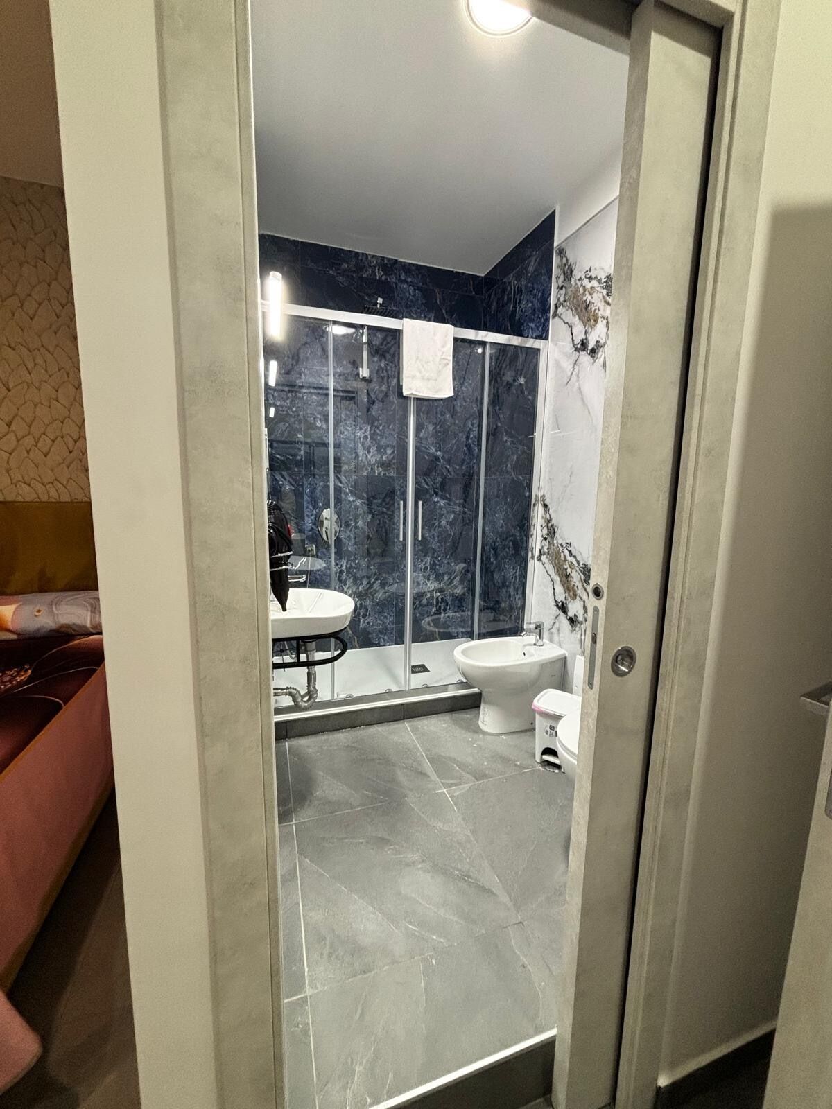 A modern bathroom with a glass-enclosed shower, a white sink, and a bidet.