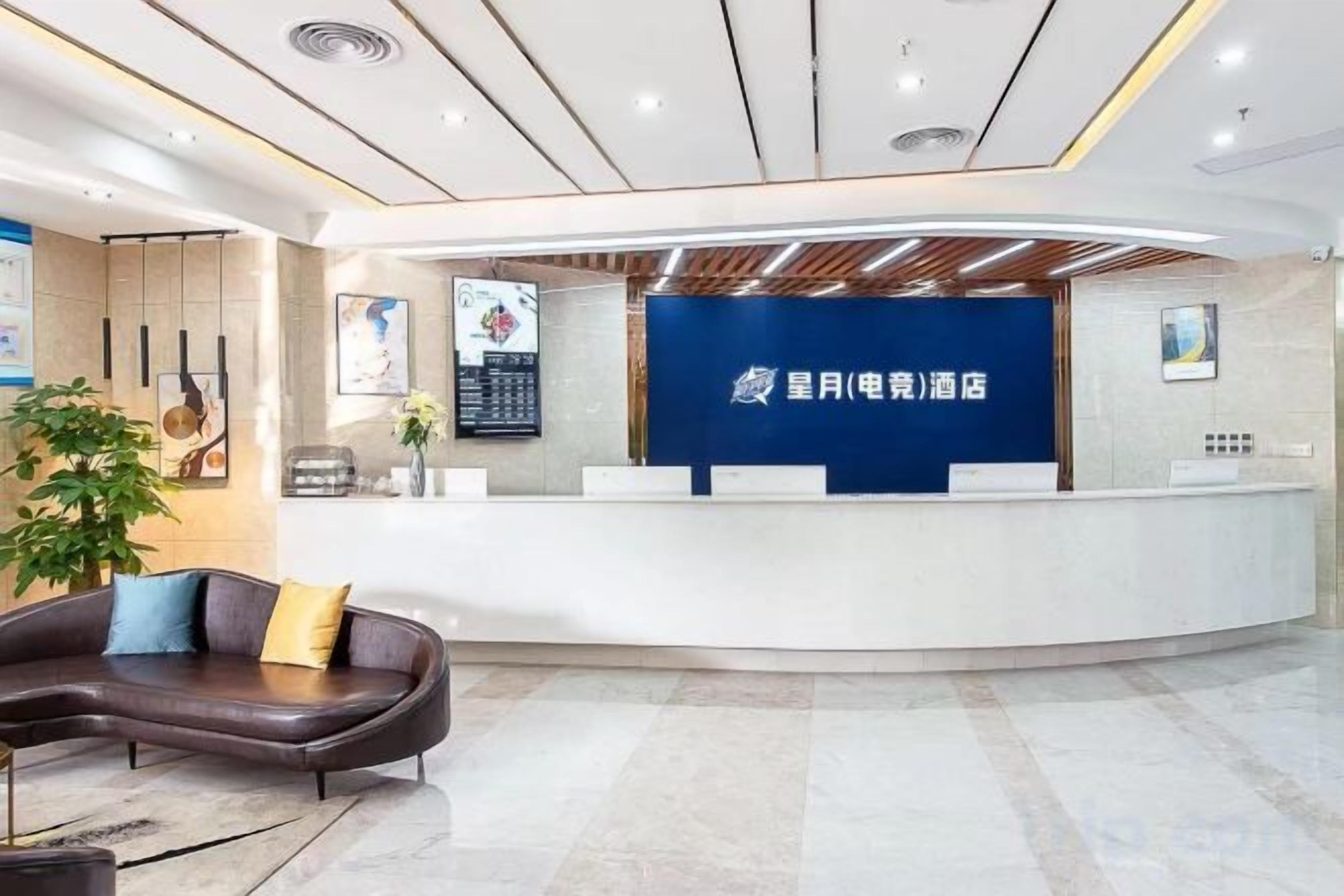 A hotel reception area with a blue counter, a brown sofa, and a potted plant.
