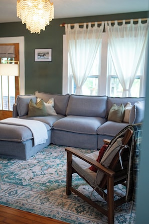 Smart TV, fireplace, books