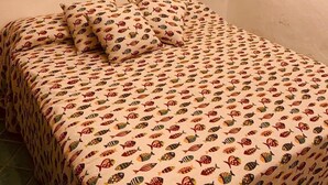 Een slaapkamer met een bed, beddengoed met een patroon, een decoratief hoofdeinde, een klein plankje met boeken en decoraties, en een muur met een visdecoratie.